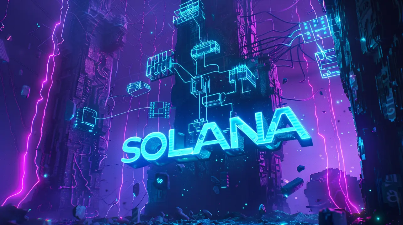 Neon SOLANA text in cyberpunk city with lightning and digital structures symbolizing blockchain technology and quantum computing risk.