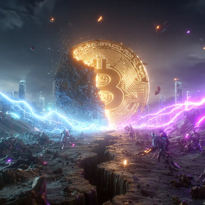Conceptual digital art of a glowing Bitcoin splitting over a chasm in a futuristic landscape.