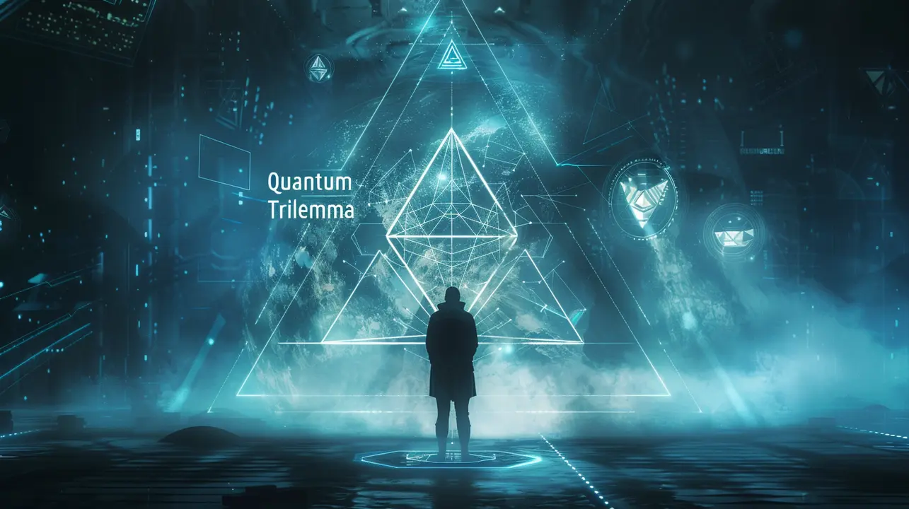 Futuristic illustration of the quantum trilemma concept with a silhouetted figure facing a glowing geometric triangle, representing privacy, scalability, and quantum security in blockchain