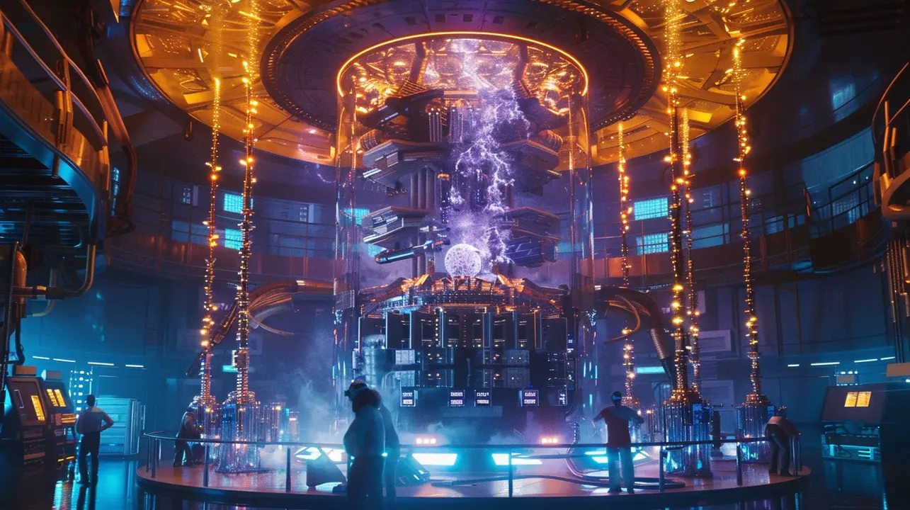 Futuristic quantum computing laboratory with a glowing central reactor, scientists monitoring a large-scale quantum processor and cryogenic system