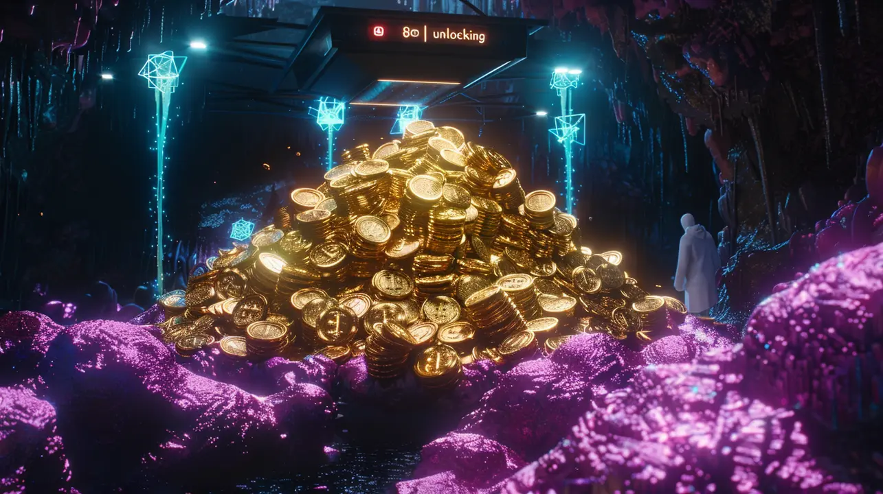A glowing pile of gold coins in a sci-fi cave with a digital "unlocking" interface and a hooded figure.