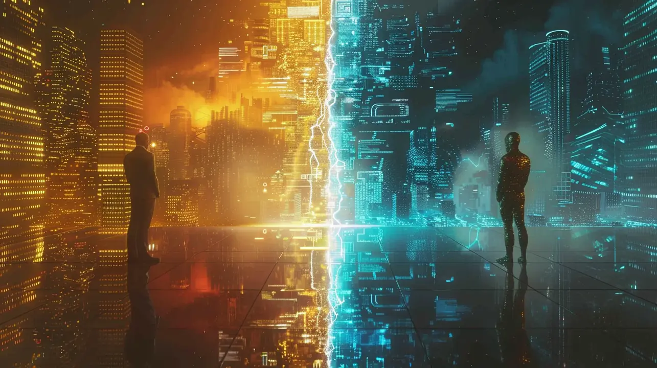 Digital illustration of Traditional Finance vs. Crypto ecosystem. A businessman in a gold city (TradFi) faces a digital avatar in a blue blockchain-inspired city, symbolizing the evolution of the global financial system.