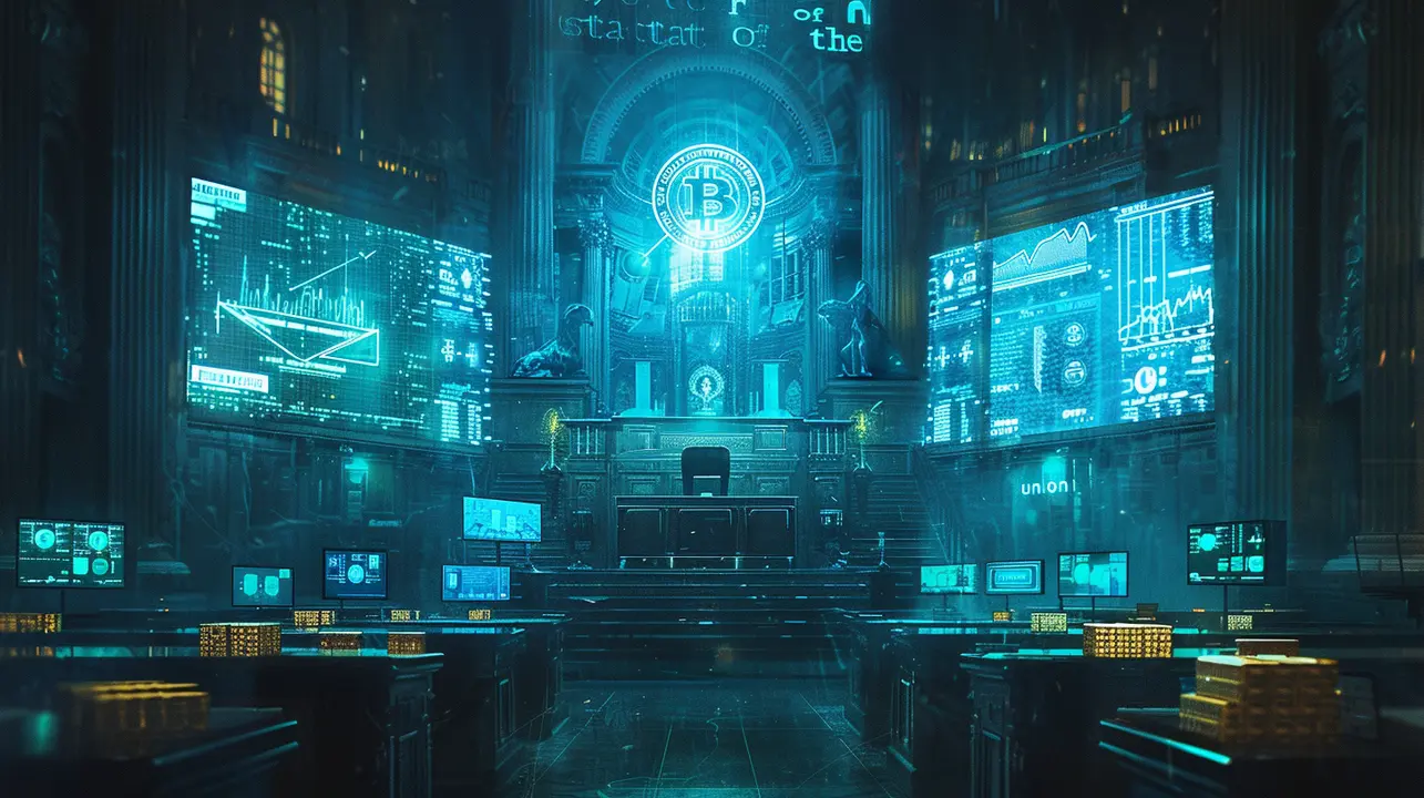 Cyberpunk digital courtroom themed around Bitcoin with glowing cyan holographic data screens, a central BTC logo, and gold bars on futuristic desks in a dark, atmospheric interior.