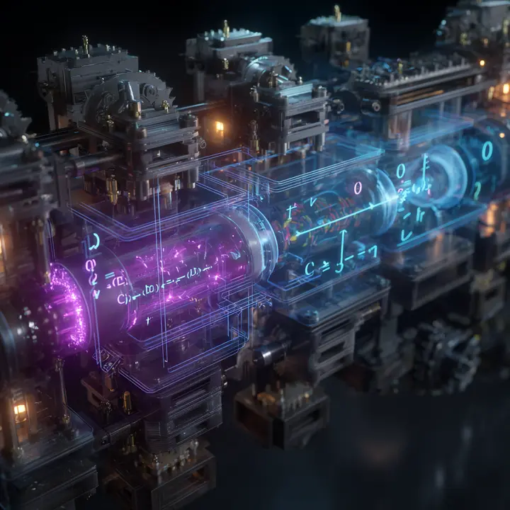 Futuristic quantum computing pipeline with transparent tubes, glowing particles, and mathematical formulas visualizing quantum data processing and algorithm execution